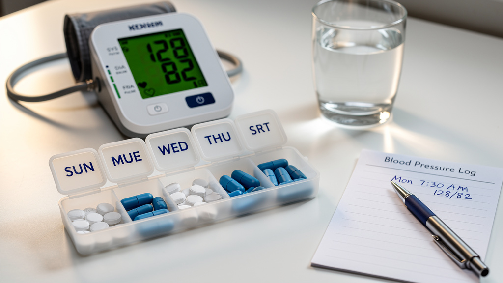 Betablocker Tabletten neben einem Blutdruckmessgeraet auf einem Tisch