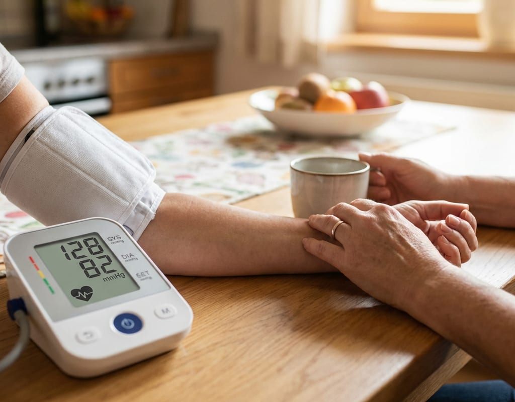 Person misst den Blutdruck am Oberarm mit einem digitalen Blutdruckmessgeraet