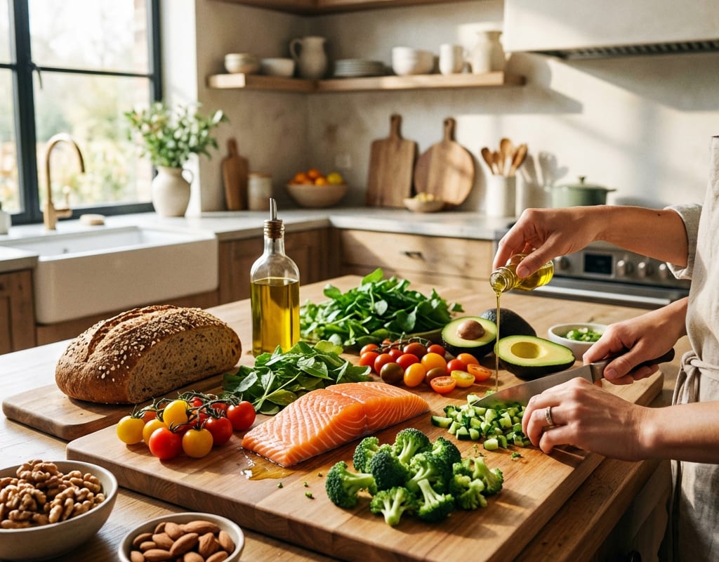 Gesunde Lebensmittel wie Gemuese Obst und Nuesse auf einem Tisch arrangiert