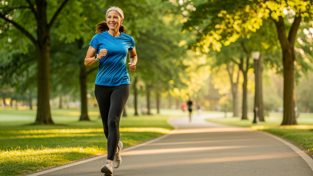 Frau mittleren Alters beim Joggen im Park mit Pulsuhr am Handgelenk