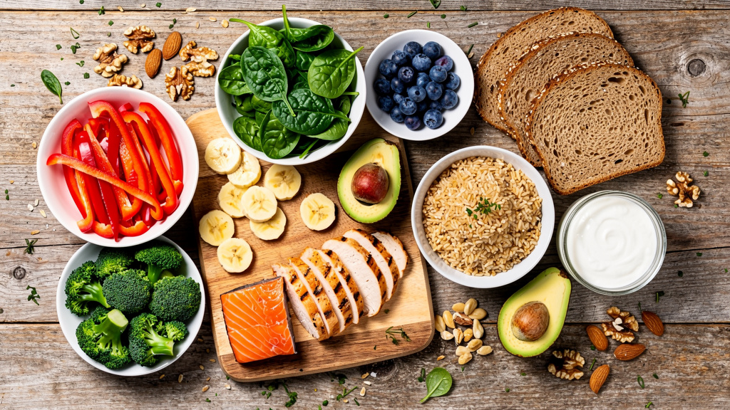 Gesunde DASH-Diaet Lebensmittel: Gemuese, Obst, Vollkorn und mageres Fleisch auf einem Tisch