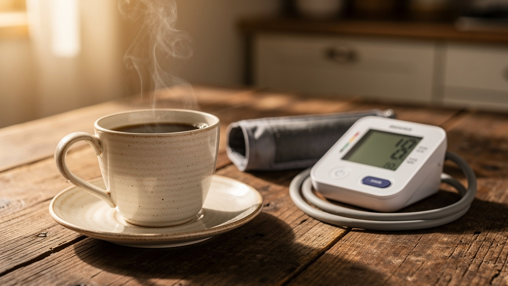 Tasse Kaffee neben einem Blutdruckmessgeraet auf einem Holztisch