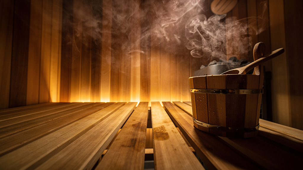 Holzbank in einer finnischen Sauna mit warmem Licht und Aufgusseimer